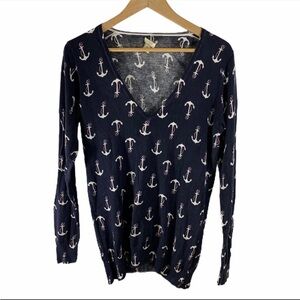 J.Crew Vintage Inspired Hand Printed Anchor V Neck Sweater